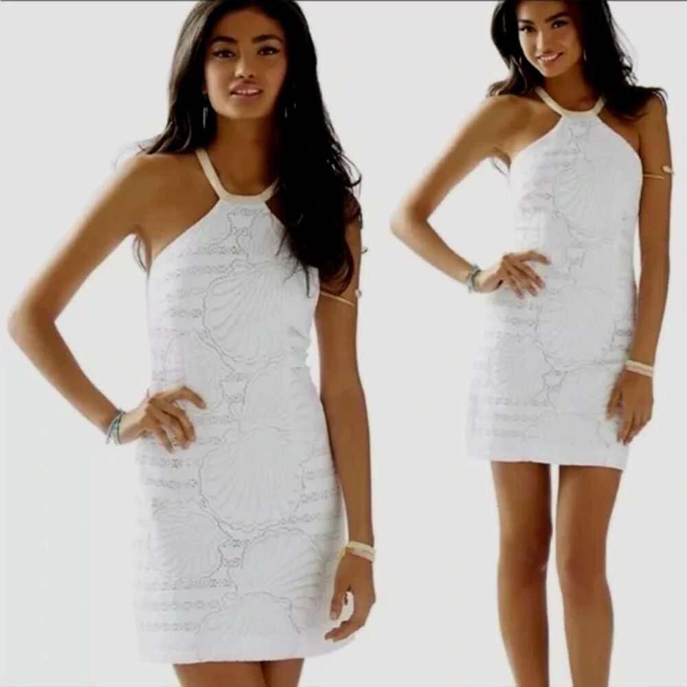 Lilly Pulitzer Jenna Halter Dress White Engineered Lace Shell Stripe Size 4